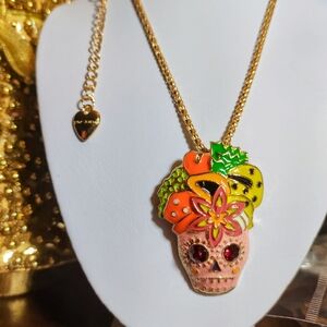 Betsey Johnson Pink Rhinestone Enamel Gold Plated Skull Fruit Necklace & Chain